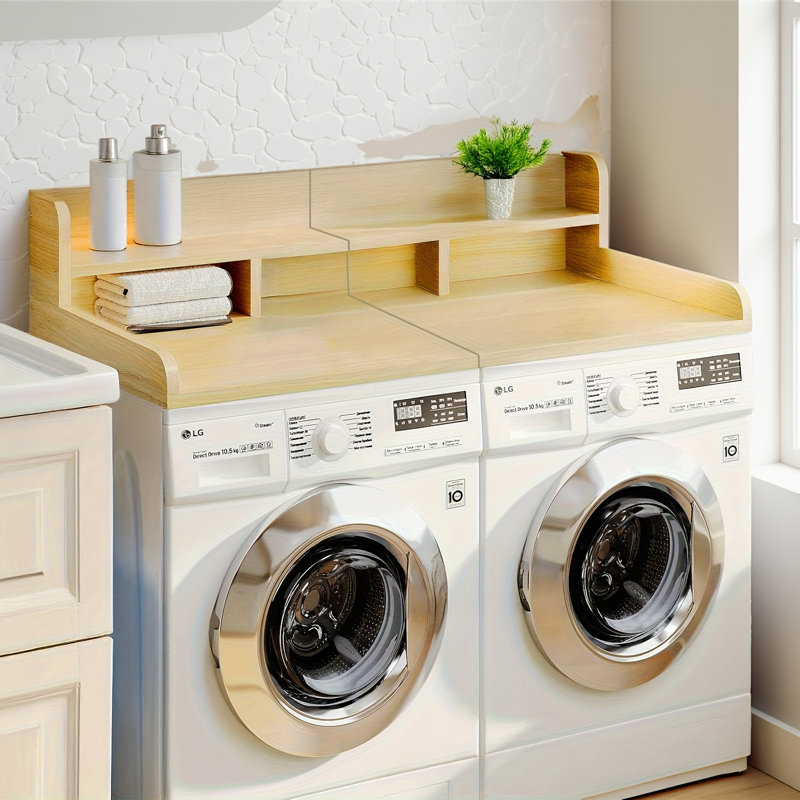Laundry Washer Dryer Countertop Organizer Double Layer Mdf Shelf With Waterproof Surface, Oak