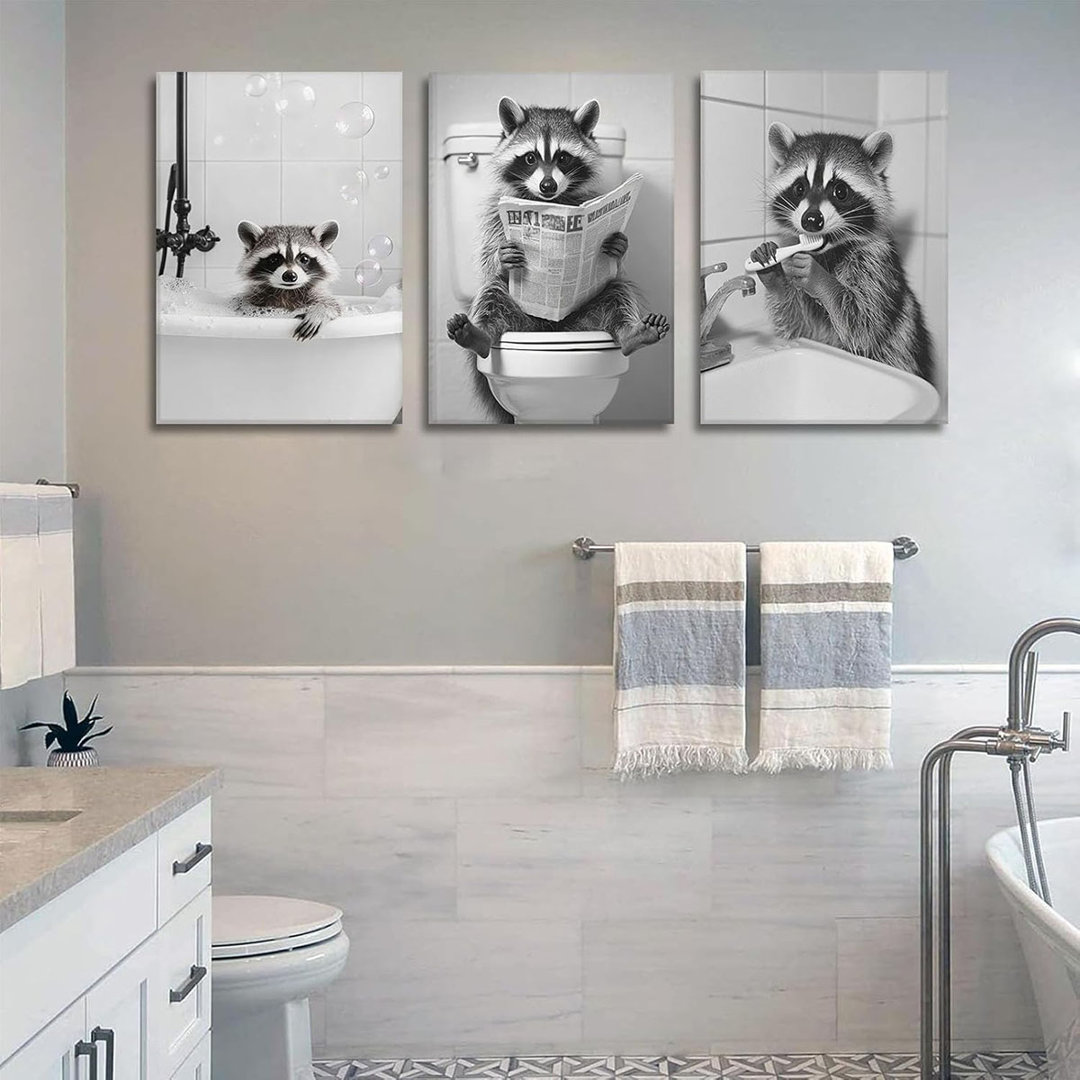 Funny Raccoon Bathroom Canvas Wall Art Set Of 3 Black Cute Raccoon Sitting On Toilet Poster Print Artwork Humor Adorable Animals Pictures Wall Decor F