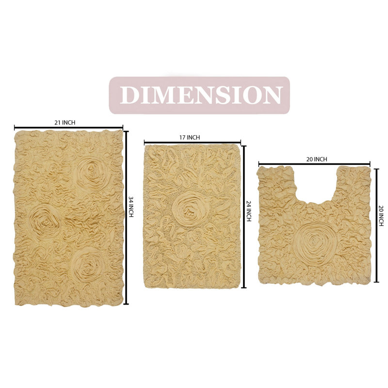Freida Plush Floral Bath Rug Set (Set of 3), Yellow