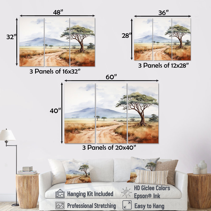 «African Wild Life Landscape III», ensemble d'art mural africain, Toile tendue, H 32 po x l 48 po x P 1 po