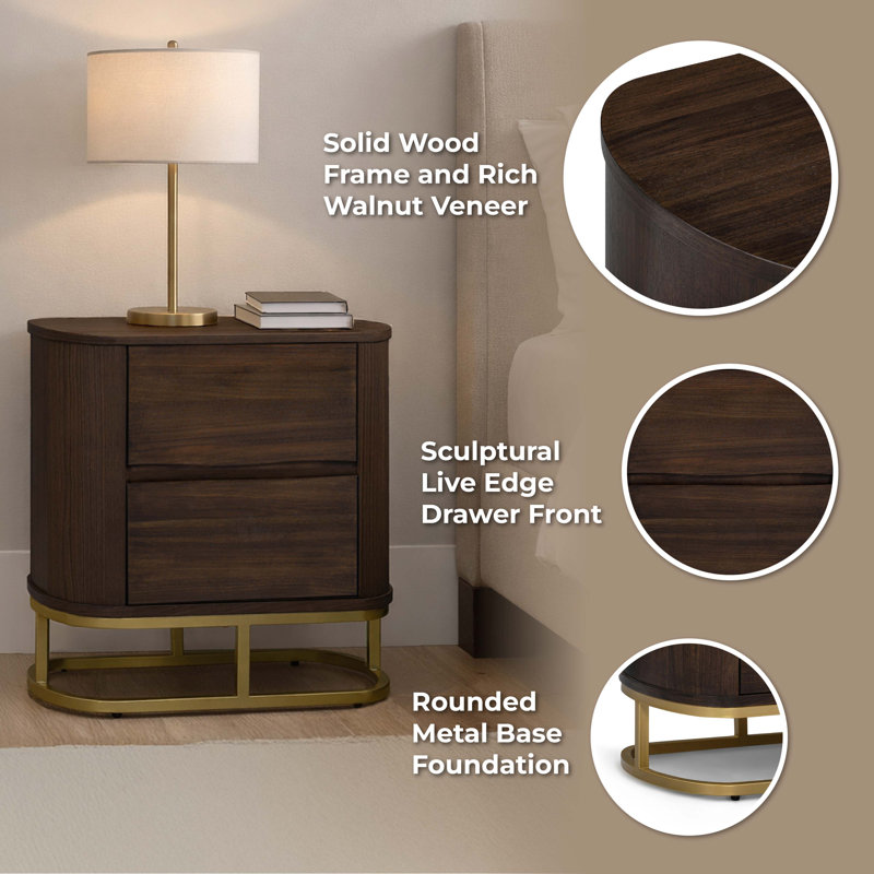 Seneca Modern Solid Wood 2-Drawer Nightstand with Elevated Metal Base and Smooth-Glide Storage, Walnut