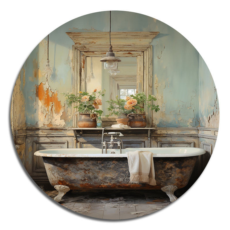 «Bathroom Bathroom Vintage Charm II» - humour, art rond en métal, H 29 po x l 29 po
