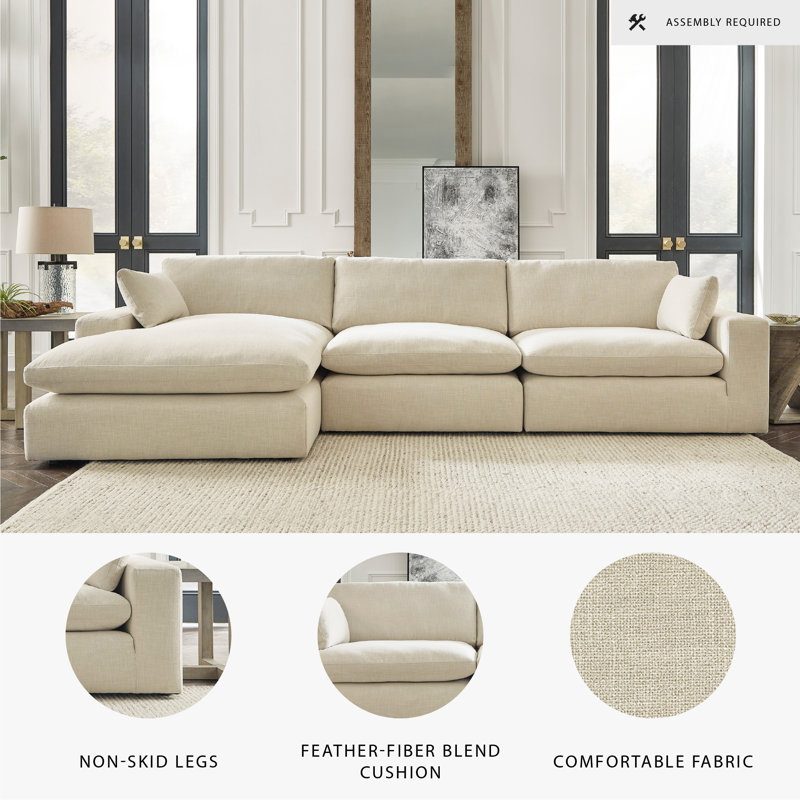 Elyza Upholstered L-Shaped Sectional, Left Hand Facing, Beige 100% Polyester