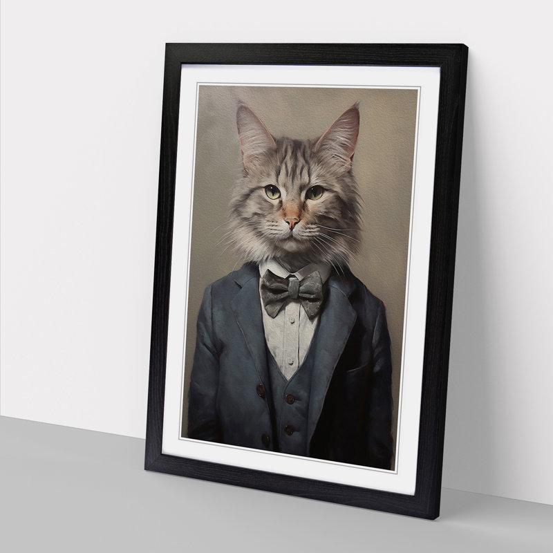 Cat In A Suit No.7 - Single Picture Frame Print on Wood, 34cm H x 25cm W x 2cm D, Black 