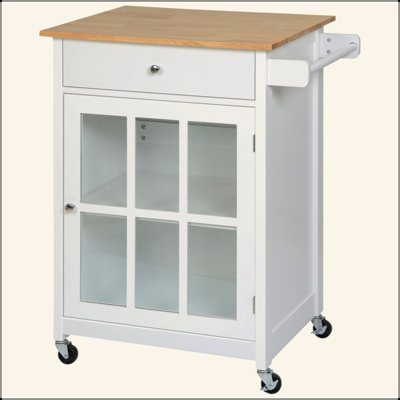 27" Rolling Kitchen Island Cart With Drawer And Glass Door Cabinet, Kitchen Trolley With Adjustable Shelf And Towel Rack