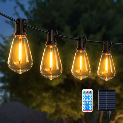 60ft Solar Powered Outdoor String Lights With Remote And 15+1 Shatterproof Led Bulbs, Waterproof, Warm White, Usb Rechargeable