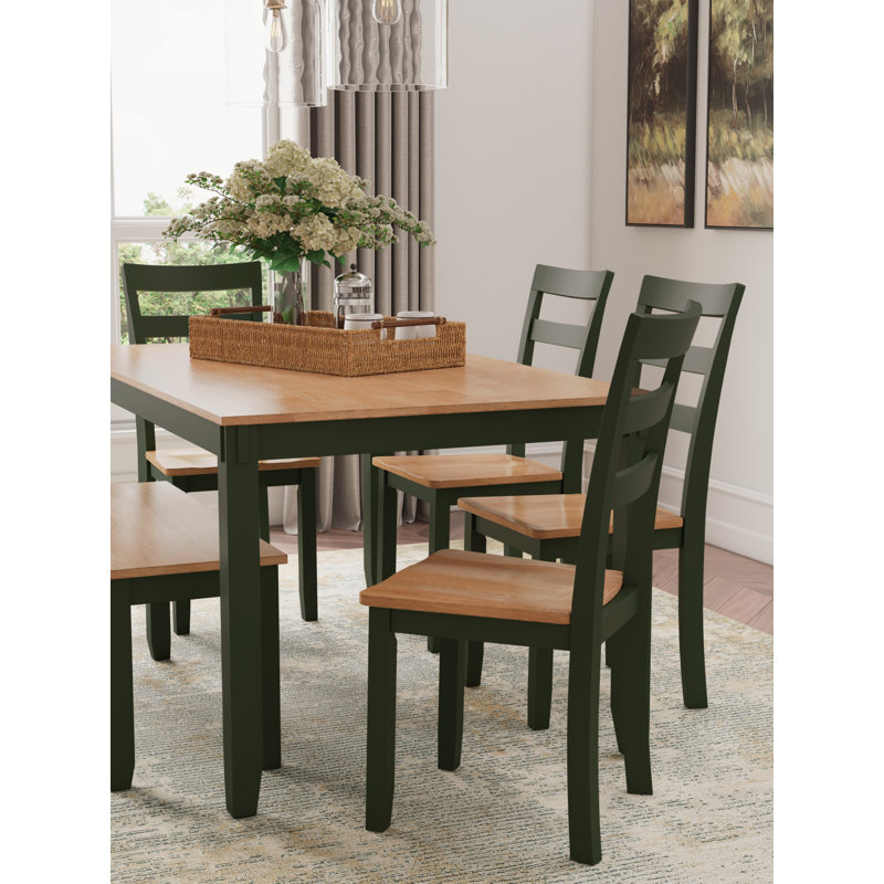 Transitional Natural Mango Wood and Green Dining Set with Bench