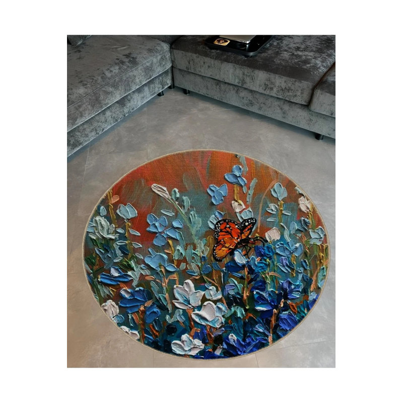 Decorative Carpet With Oil Painting Appearance, Flower And Butterfly Details, Round 3'4"