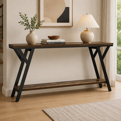 70.9" Industrial 2-Tier Console Table, Rustic Wood & Black Metal Sofa Hallway Table