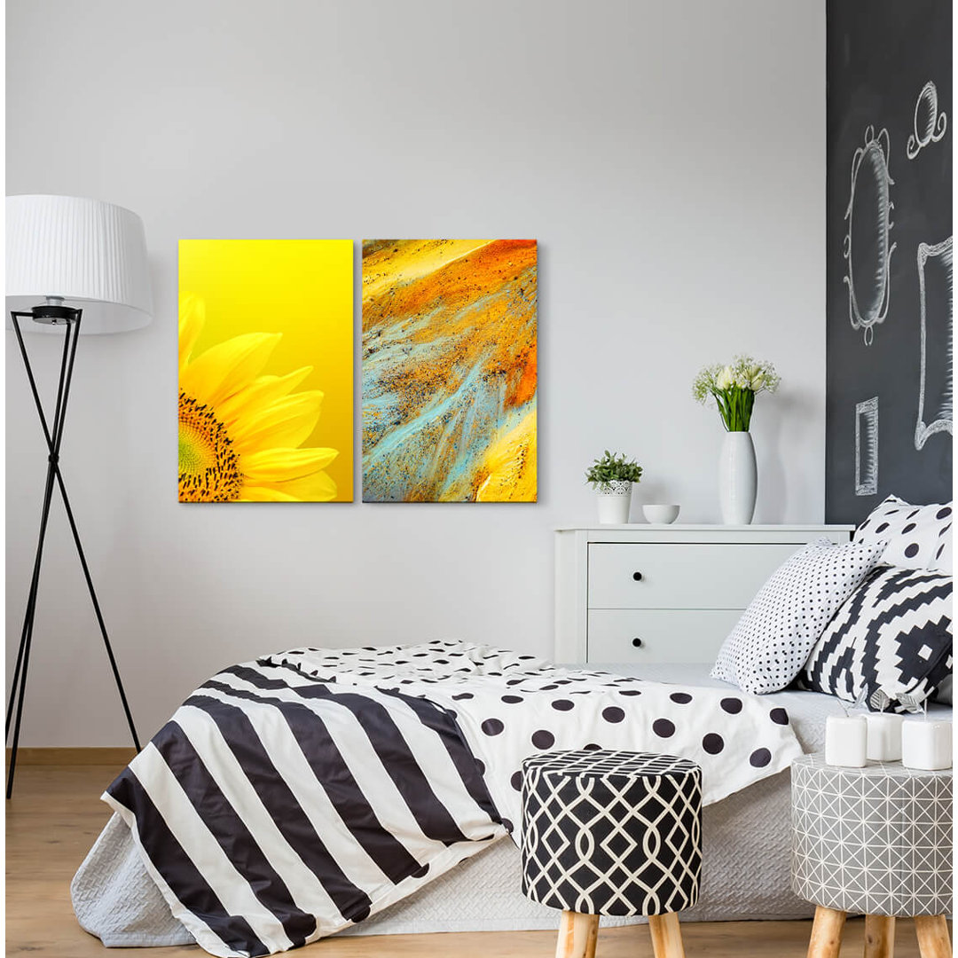 2-tlg. Leinwandbilder-Set - Grafikdruck „Sunflower Yellow Gold Leaf Sand”