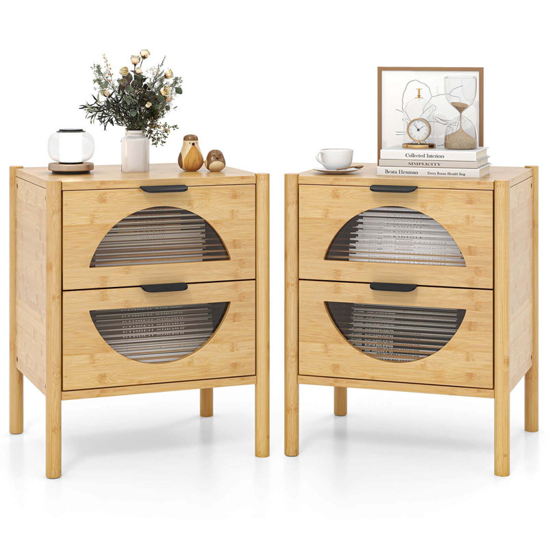 Bamboo Nightstand With 2 Storage Drawers & Reeded Tempered Glass Fronts Bedroom, Set of 2
