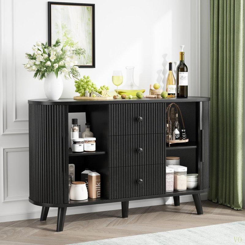 Sideboard Buffet Cabinet With 2 Sliding Tambour Doors And 3 Drawers, Storage Cabinet With Adjustable Shelves For Living Room