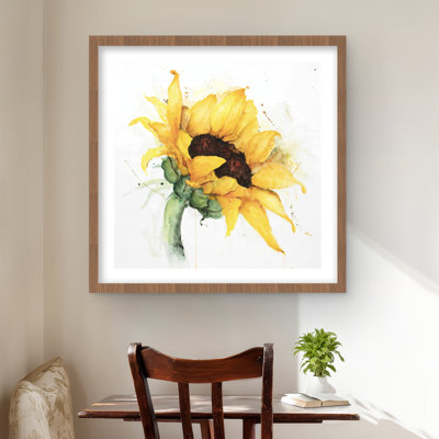 Aquarelle tournesol avec éclaboussures de peinture - reproduction encadrée rustique