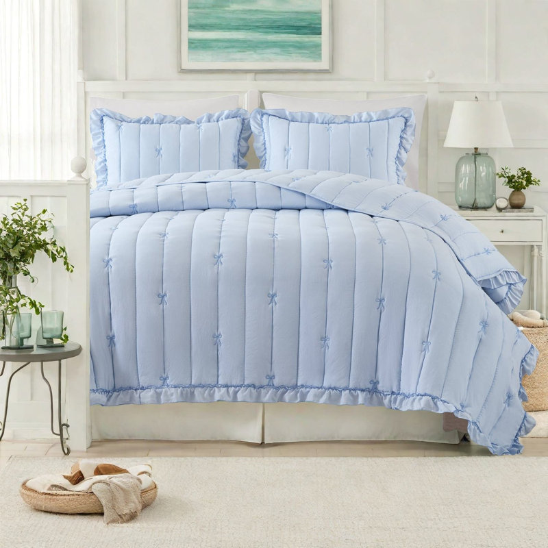 Soft Microfiber Bedding Sets, Full Queen Bow Quilt For Modern Home