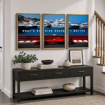 Red Racing Car Speed Quote Artwork, Game Room Pictures, Framed Canvas Giclee Print 3 Pieces Wall Art