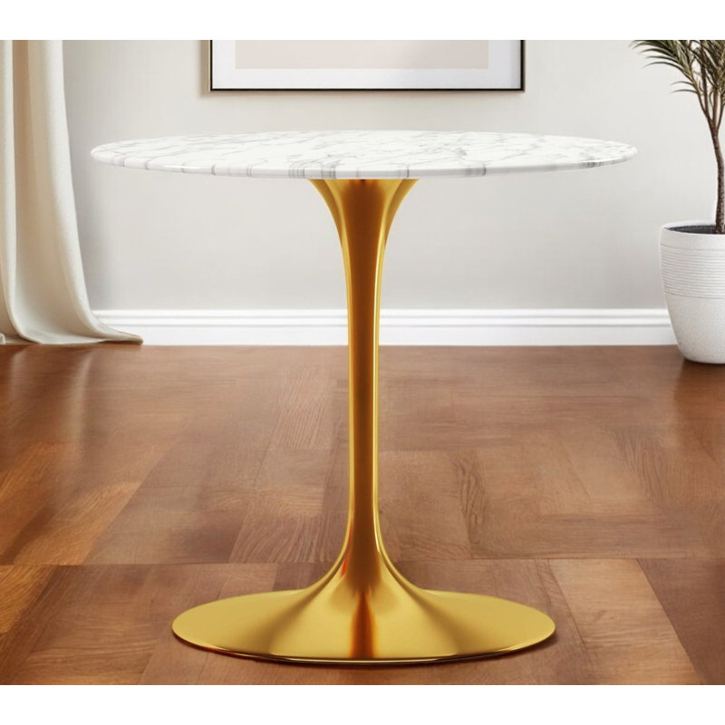  Table de salle à manger 32 "en marbre blanc et or et métal, Gold