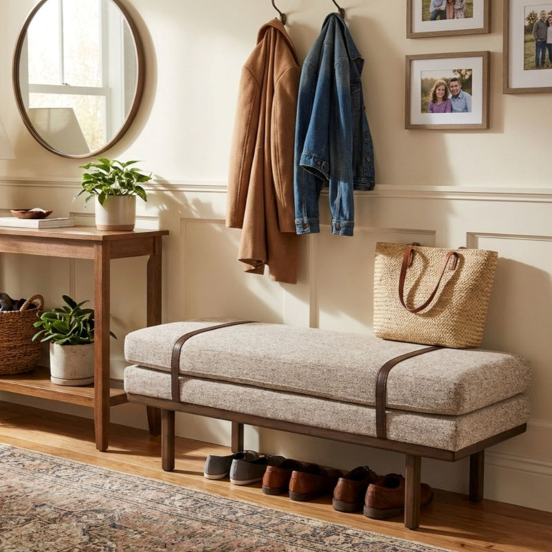 Azayvion Upholstered Bench with Wood Base, Midtone Gray Woven