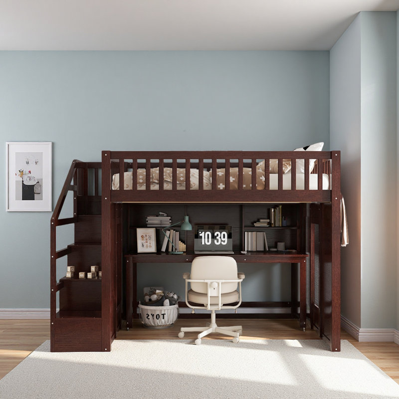 Lit mezzanine avec bureau mobile et tablette de rangement, avec escalier de rangement, Lit double, Espresso