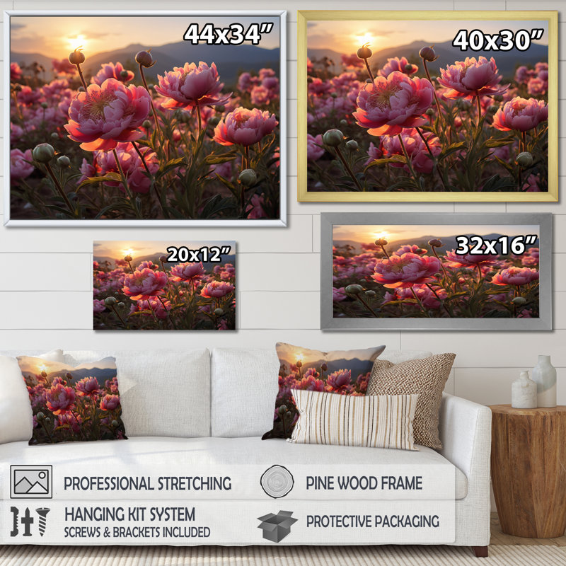 Champ de pivoines roses avec coucher de soleil sur toile, H 16 po x l 32 po x P 1 po, Cadre simple noir