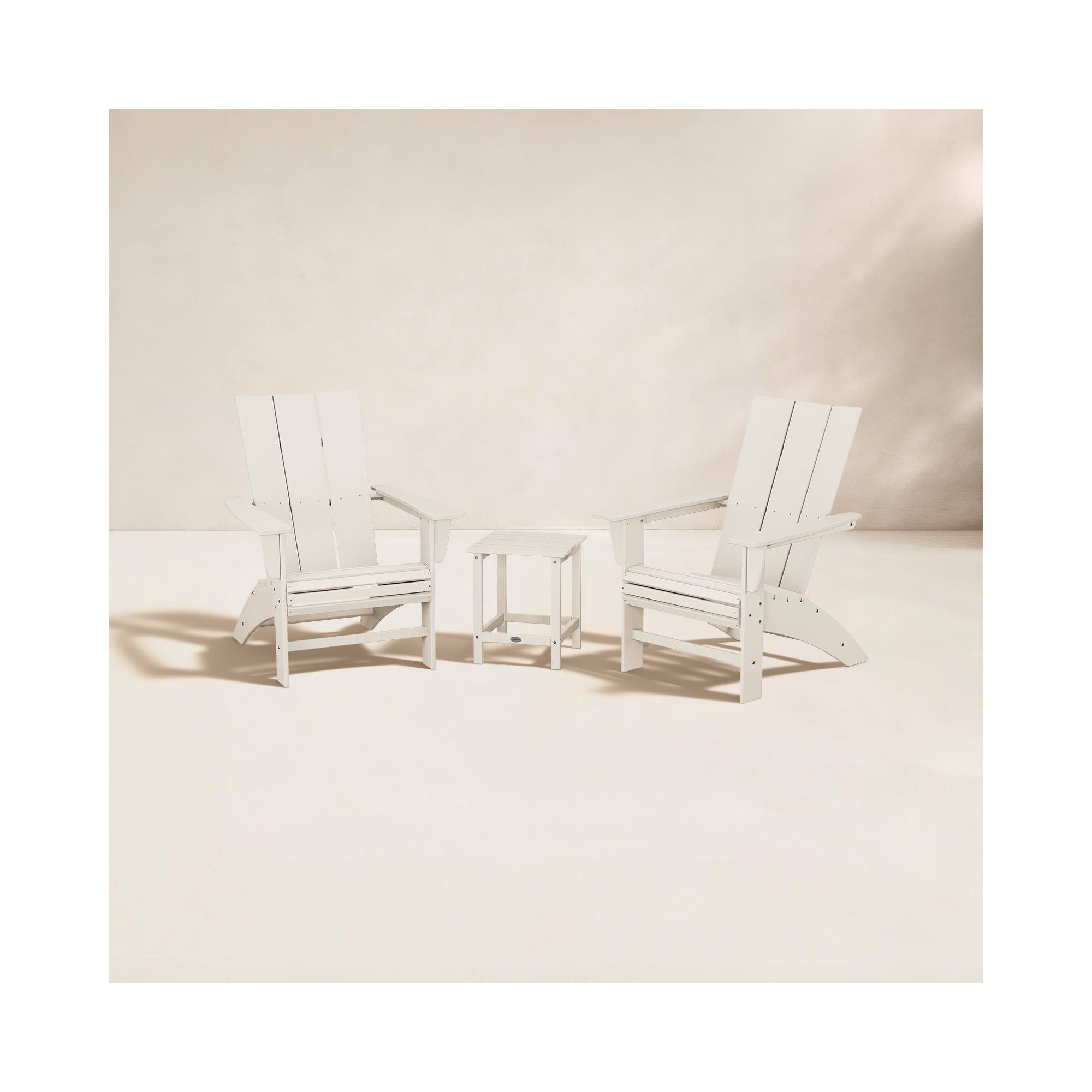 Modern Curveback Plastic Adirondack Chairs with Table, Sand