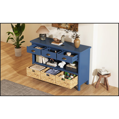 Retro Console Table With 3 Storage Drawers And Woven Baskets, Ideal For Entryway, Hallway, And Living Room