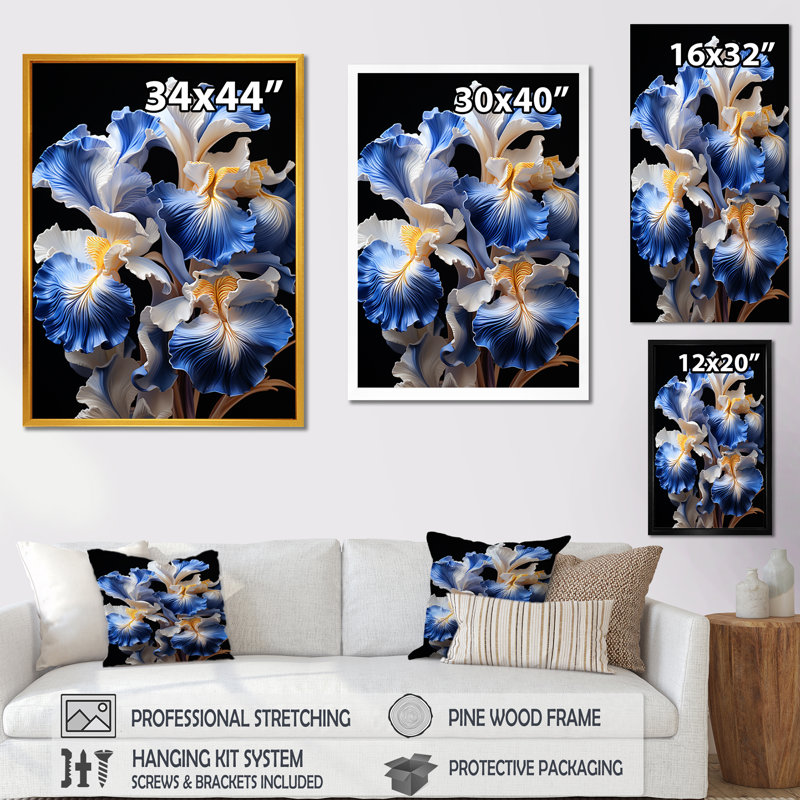 «White and Blue Irises Elegance I», art mural Iris, Cadre flottant brun, H 44 po x l 34 po