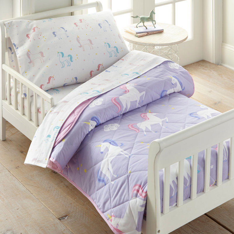 Lit pour tout-petits 4 pièces Wildkin dans un sac - Édredon en coton, draps et taie d'oreiller pour douillettes douillettes - Licorne 