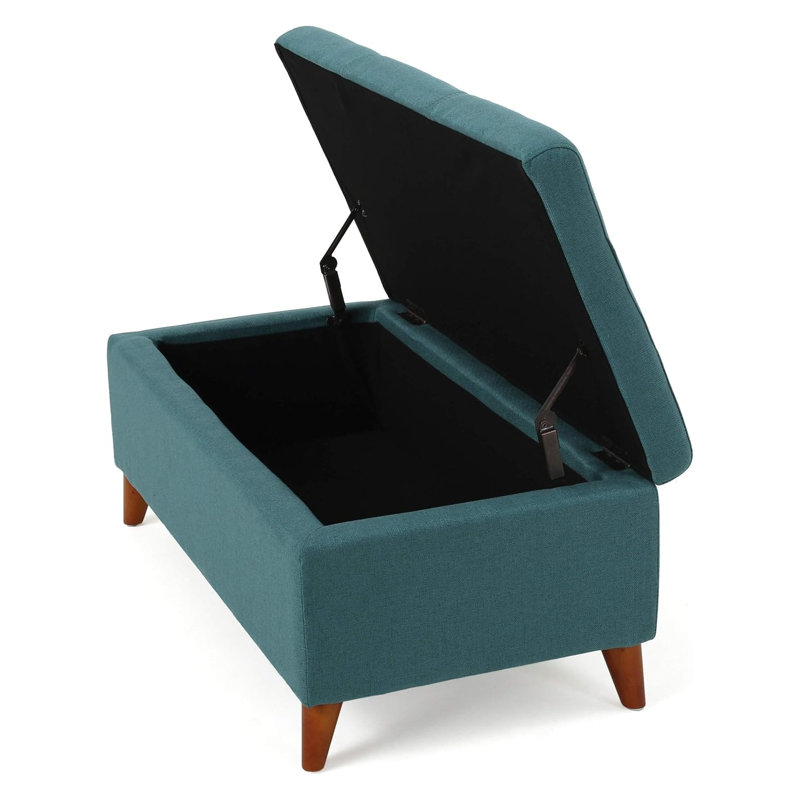Home Decor, banc de repose-pieds capitonné avec rangement à boutons Ainsley avec couvercle à charnière, banc de repose-pieds avec rangement pour le salon et la chambre à coucher, pieds en bois massif, largeur 38 po en tissu bleu sarcelle avec pieds en bouleau naturel