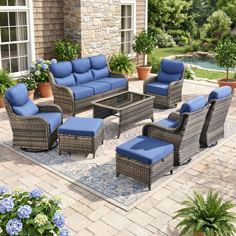 Ensemble de conversation familial 8 pièces en résine tressée pour patio extérieur, avec coussins de 15 cm et table basse.