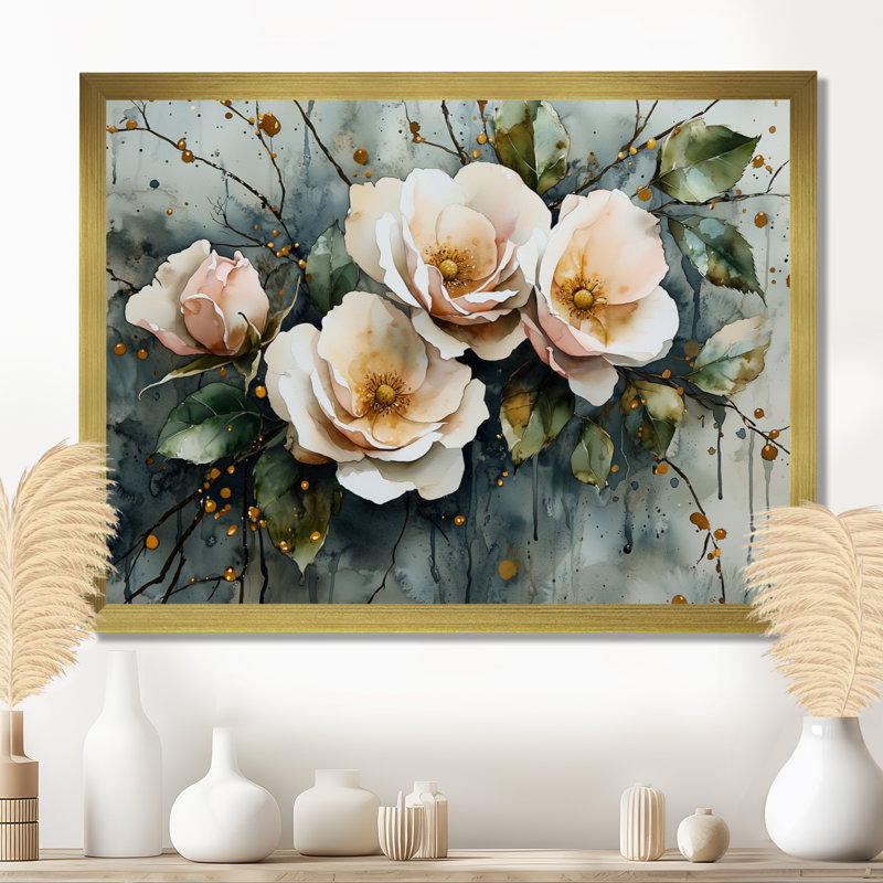 Indasha - art mural floral, Reproduction encadrée d'une seule photo, H 16 po x l 32 po, Or
