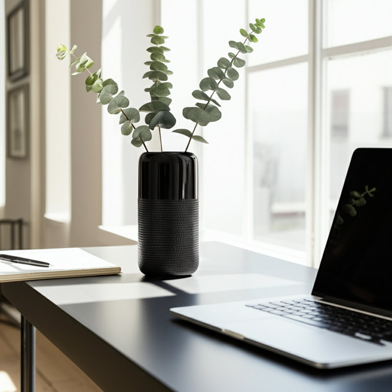 Vase en grès céramique Rachael, H 10 po x l 5 po x P 5 po, Noir rainuré