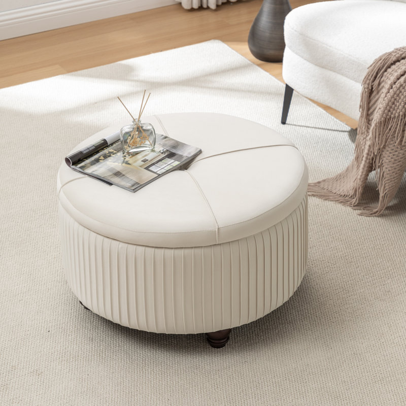 Repose-pieds rond avec rangement en velours Bula, Beige
