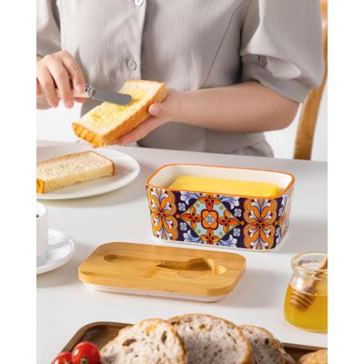 Beurrier avec couvercle, grand beurrier pour comptoir, contenant à beurre en céramique bohémien avec couteau et couvercle en bambou, porte-beurre pour comptoir, Amber Elegance
