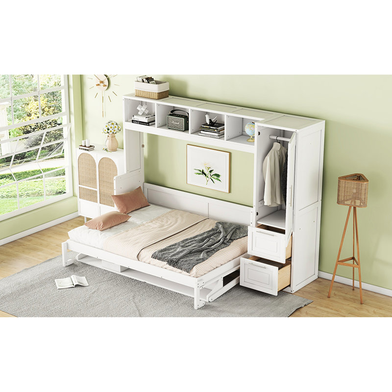 Lit double avec options de rangement latéral - Tiroir blanc fonctionnel