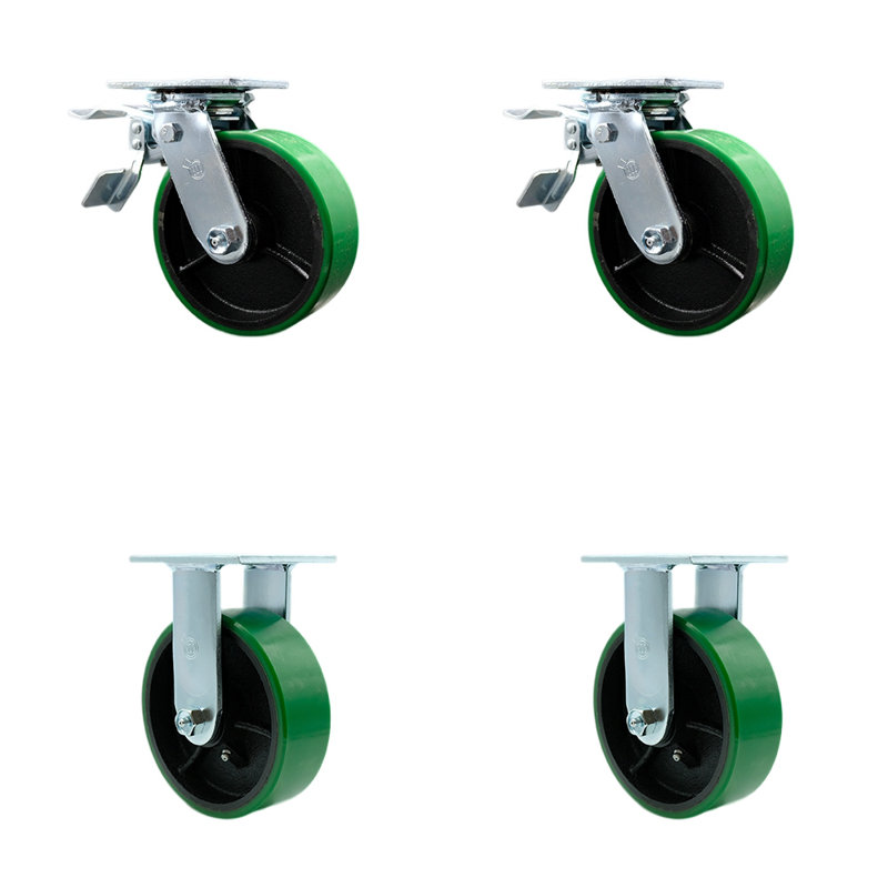 Ensemble de roulettes 6 po en fonte avec roulements à rouleaux 2 freins 2 rigides, Vert
