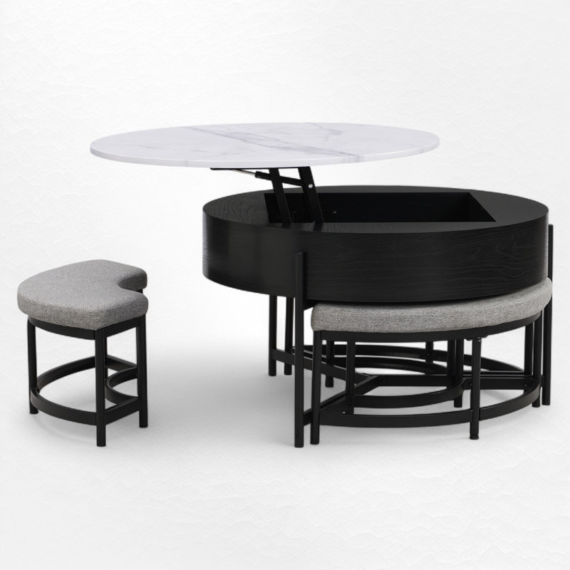 Modern Round Lift-Top Coffee Table with Storage & 3 Ottoman, Black