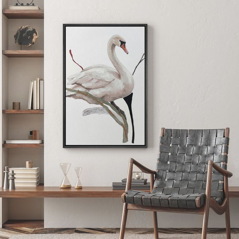 Élégant cygne blanc perché sur une branche, reproduction d'art sur toile encadrée dans la chambre principale, Noir