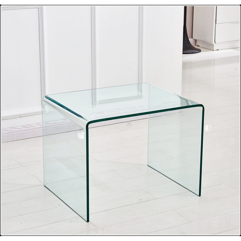 Table de bout transparente, table d'appoint en verre cintré transparent trempé