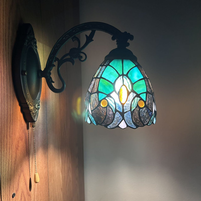 Seibel Tiffany Sconce Lamps Green Stained Glass Pull Chain Switch LED Blub Included 6"W*11"D*9"H, Green/Yellow/Gray