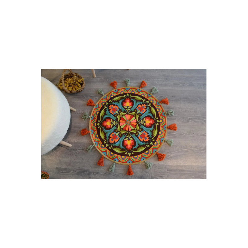 Suzani Ethnic Multicolored Tasseled Woven Base Round Decorative Carpet, Round 2'8"