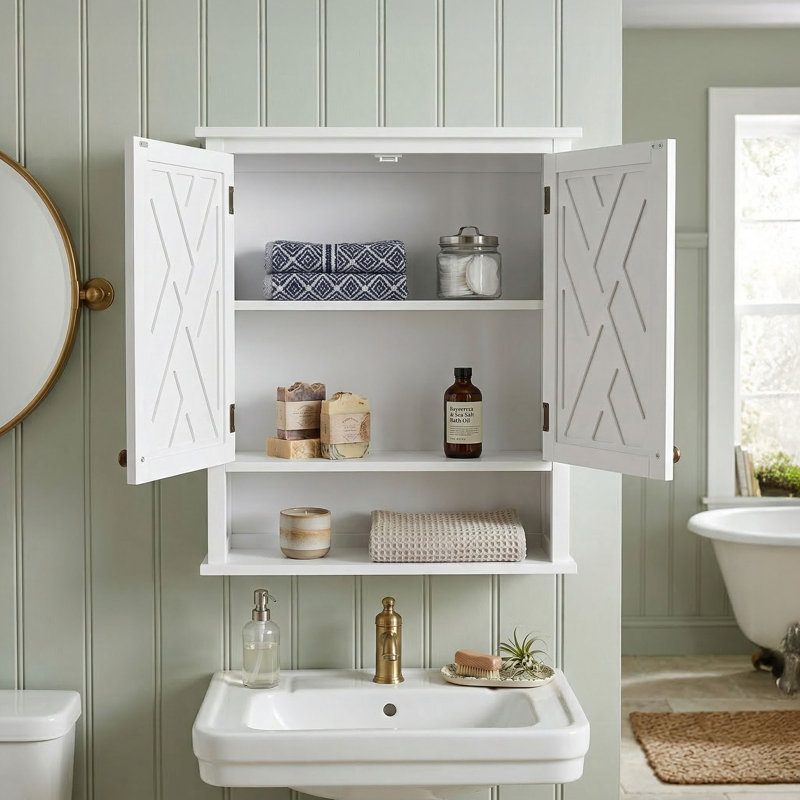 Armoire de salle de bain murale peu encombrante avec portes de style Shaker, tablette réglable et rangement ouvert Lund