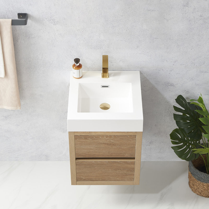 Vali 17.7'' Single Bathroom Vanity with Composite Top, White, North American Oak Finish