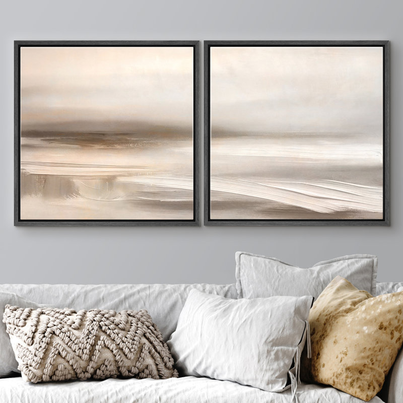 Warm Neutral Beige Soft Abstract Landscape Wall Decor Set Framed Master Bedroom Wall Art Work 2 Pieces Print, 24" H x 24" W
