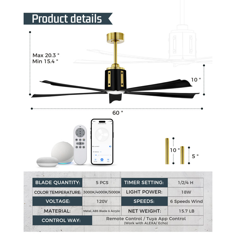 60 Inch 18W Ceiling Fan With Led Lights, 5-Blades With Alexa Google Smart Control And Remote Control And App, Gold