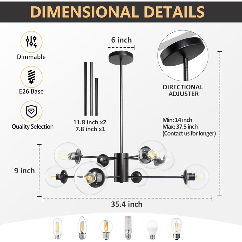 Lustre moderne Spoutnik à 8 lumières avec abat-jour en verre transparent, plafonnier suspendu réglable pour le salon, la salle à manger et plus encore