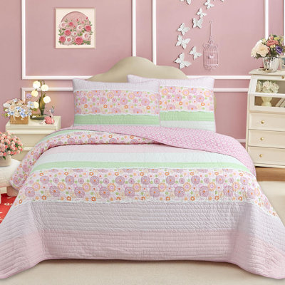 Pink Floral Whimsy Gingham Stripe Cotton Queen Quilt Bedding Set