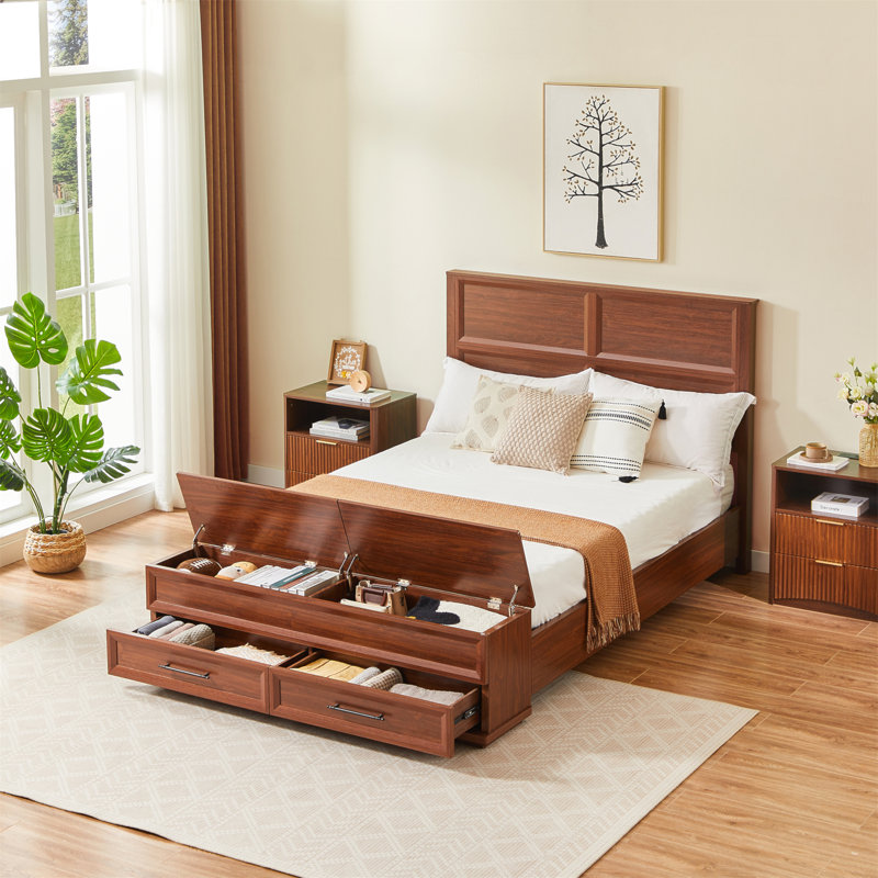 King Size Bed With 3D Geometric Headboard & Storage Bench - 4-Drawer Storage, Modern Bedroom Furniture, Walnut, Grand lit