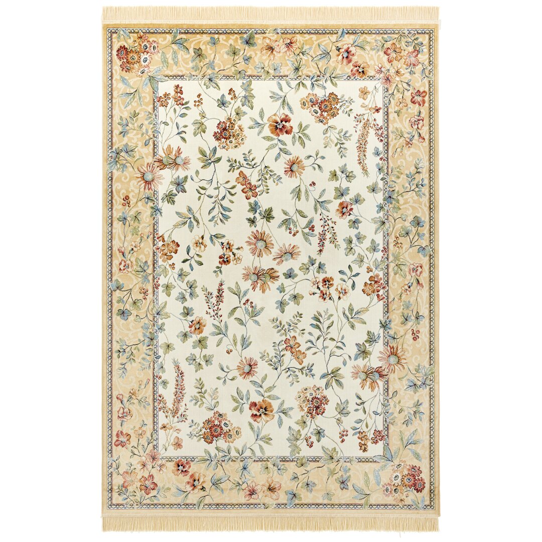 Flowers Orient Teppich - Orientalischer Kurzflor mit Fransen für Wohnzimmer, Esszimmer - Creme Cord