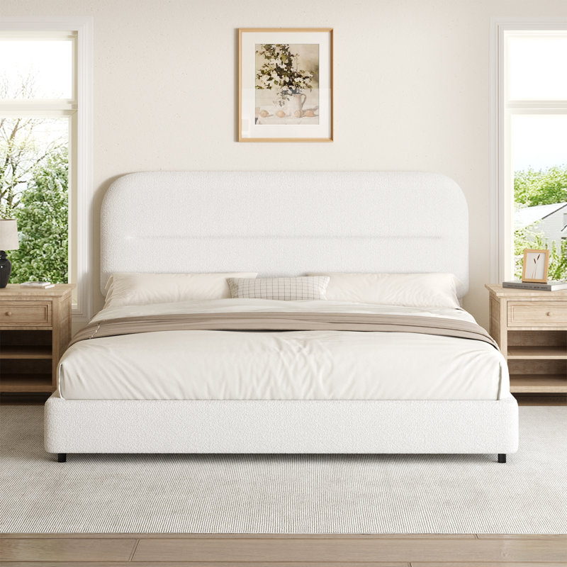Ensemble de cadre de lit en tissu d'ameublement et de table de chevet Manfrid Boucle, Blanc, Grand