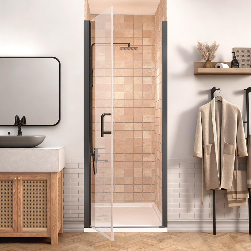 34 à 35 1/4 po X P 72 po Porte de douche pivotante sans cadre avec verre transparent H H, Noir